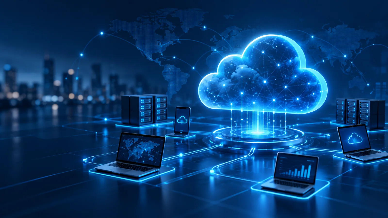 Blue cloud computing network linking servers and computers