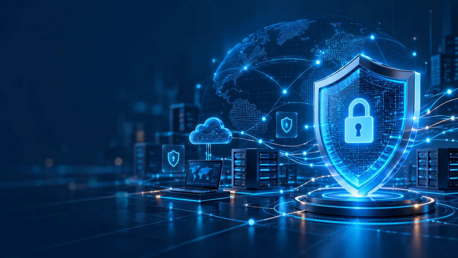 Digital cybersecurity shield protecting a global technology network