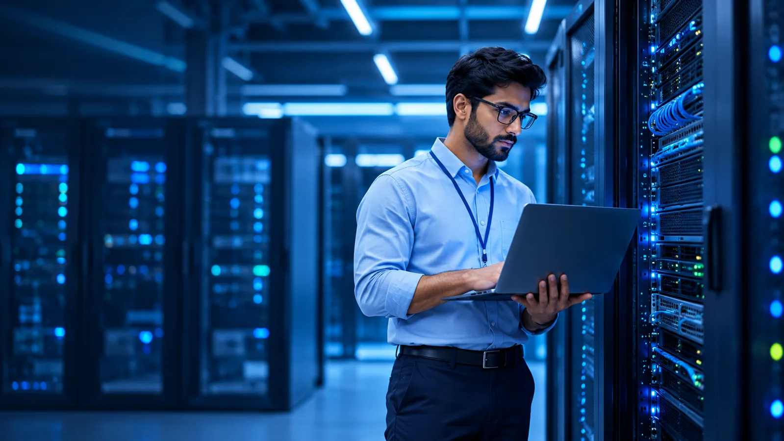 IT engineer working with laptop in a modern data center